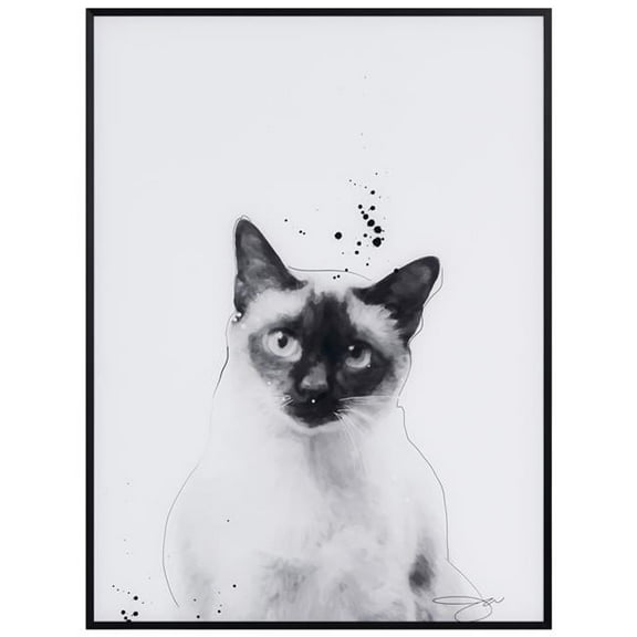 "Siamese" Black and White Pet Portraits on Reverse Printed Art Glass, Minimally Encased on Black Anodized Aluminum Frame