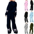 thumbnail image 2 of YUEHUA Women's 2 Piece Outfits Bow Trim Graphic Print Hoodie Sweatsuit Sets Oversized Sweatshirt Wide Leg High Waist Sweatpants Tracksuit With Pocketsc, 2 of 5