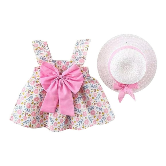 Coerni Robe Bébé Mignonne Imprimé Floral Fruits Col Halter Chapeau de Soleil Nœud Papillon Été Robes à Volants Fluides pour Filles Anniversaire