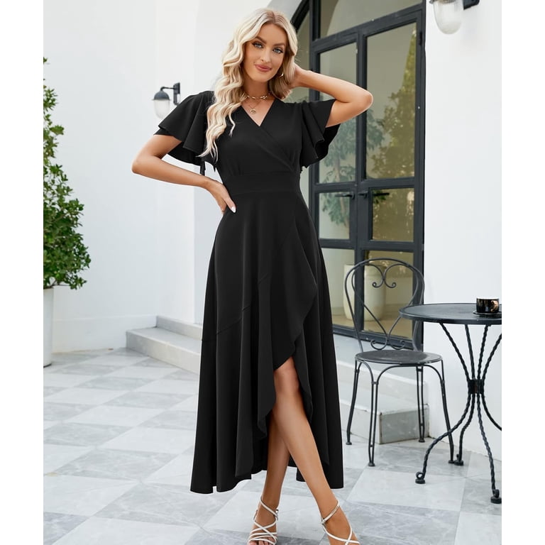 ZANKLEY Women's Elegant V Neck Ruffle Sleeve Maxi Dress Solid Color Flowy Formal Cocktail Party Wedding Guest Work Dresses, Size: XL