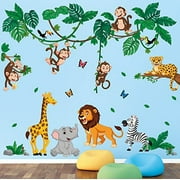 DECOWALL DSL-8069 Jungle Animal Cartoon Wall Decals Elephant Monkey Giraffe Lion Forest Stickers for Kids Baby Nursery Bedroom Playroom Living Room Decor DIY Art