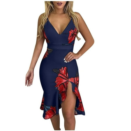 

Juebong Women V-Neck Sleeveless Ruffle Low Cut Splicing Printing Slit Sling Dress