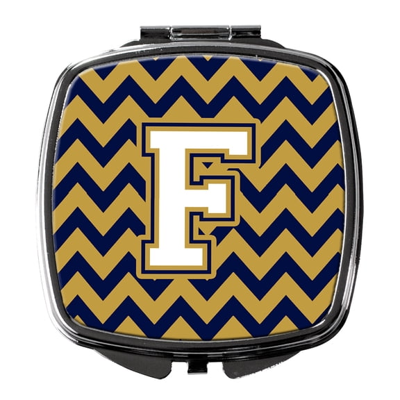 Letter F Chevron Navy Blue and Gold Compact Mirror CJ1057-FSCM