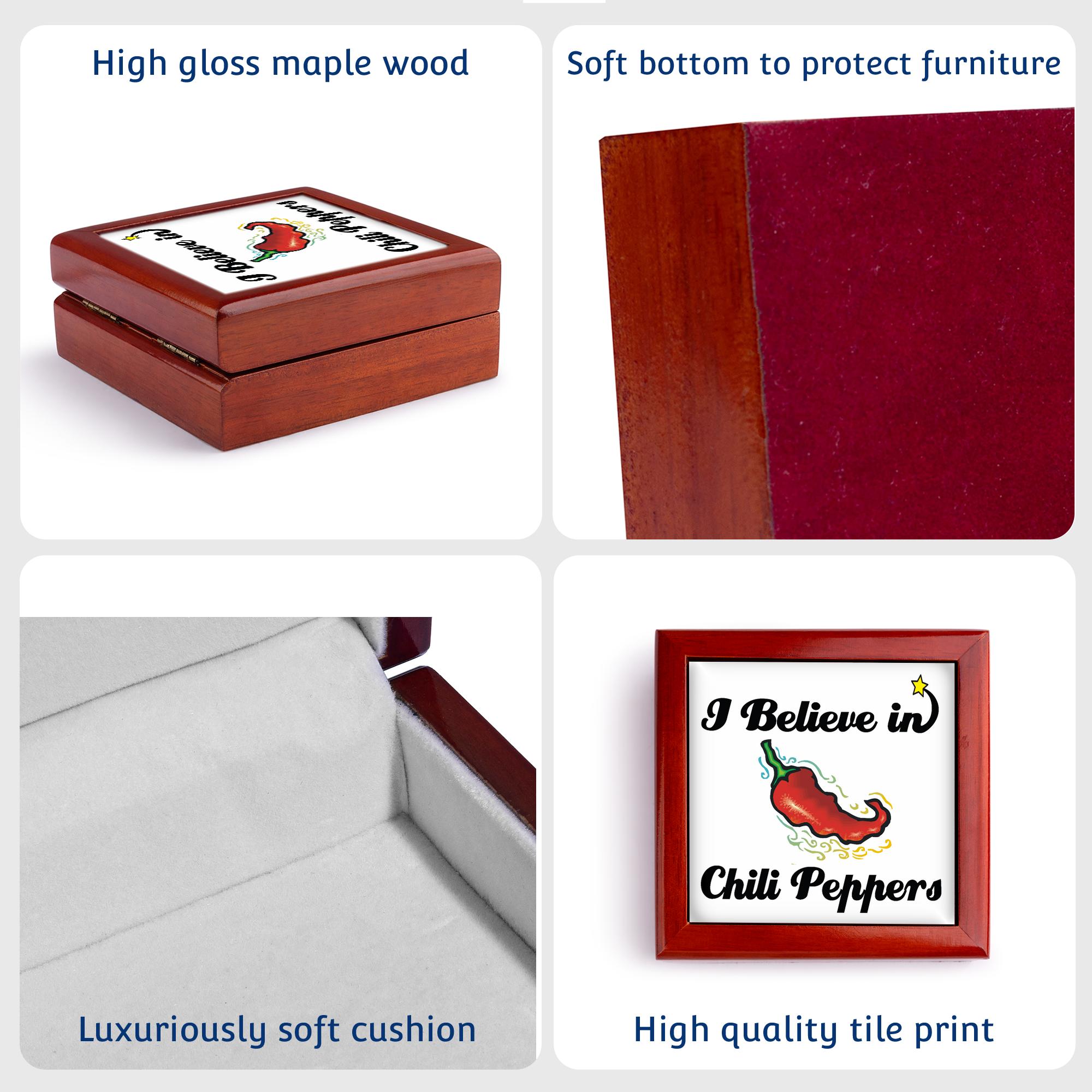 3dRose, I Believe In Chili Peppers, Jewelry Box 5.5x5.5 inch with 4 inch tile