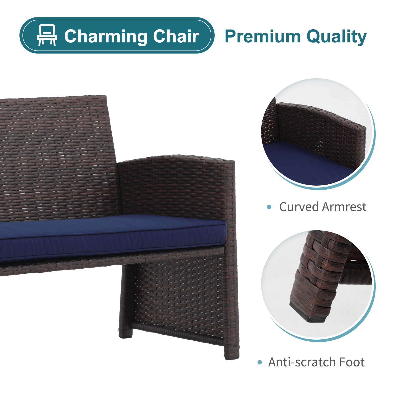 JOIVI 3 Piece Patio Furniture Set, Outdoor Loveseat Patio Furniture RattanSet with Ottoman, Brown Rattan, Navy Blue Cushion