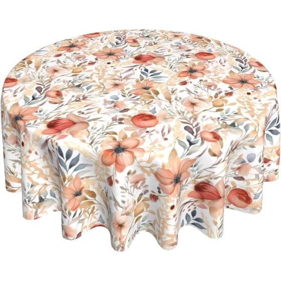 Fall Flowers Tablecloth Round 60 inch,Orange Autumn Floral Leaves Farmhouse Decorative Table Cloth Washable Wrinkle Resistant for Kitchen Dining Room Party Picnic Harvest Decor