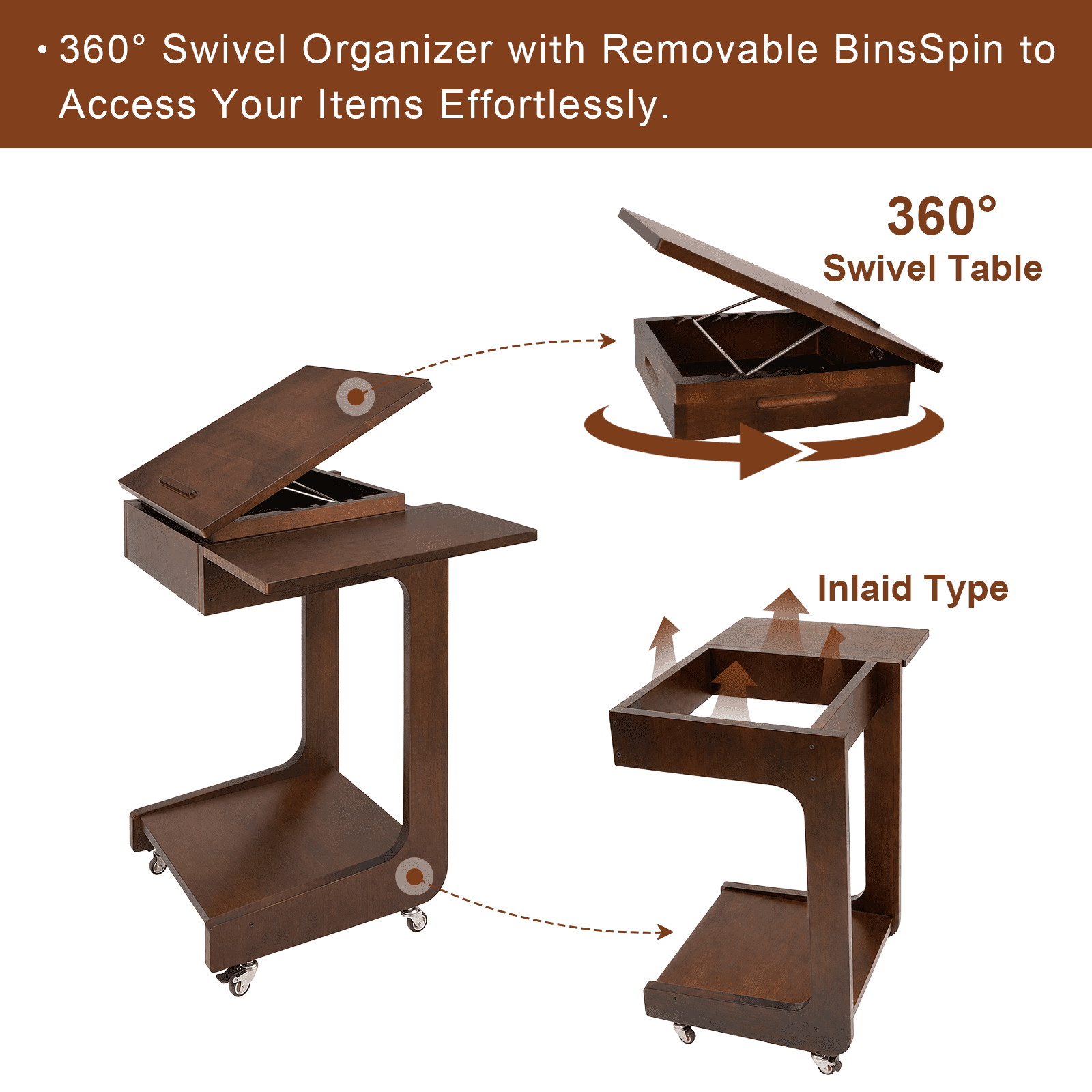 Leumius C Shaped End Table,Wood Rolling Side Table with 360° Adjustable & Foldable Desktop, Couch Table for Living Room, Bedroom, Office, Walnut