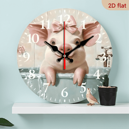 Adorable Pig in Bathtub Wall Clock, Cute Cartoon Animal with Pink Bow, Charming Kids Room & Nursery Decor, a Whimsical Gift for Animal & Bath Time Enthusiasts