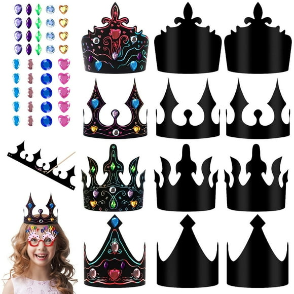 Rainbow Gem Crown Kit - Customizable Scratch Paper Crowns for Kids! Create your own Black Scratch Art Paper Crown with Gem Stickers for a fun Birthday Party!