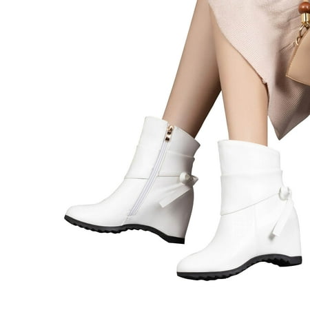

Lovskoo 2024 Women s Wedges Mid Calf Boots Girls College Style Bow Raised Sloping Heel Side Zipper Short Boots White