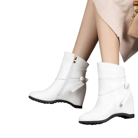 

Lovskoo 2024 Women s Wedges Mid Calf Boots Girls College Style Bow Raised Sloping Heel Side Zipper Short Boots White