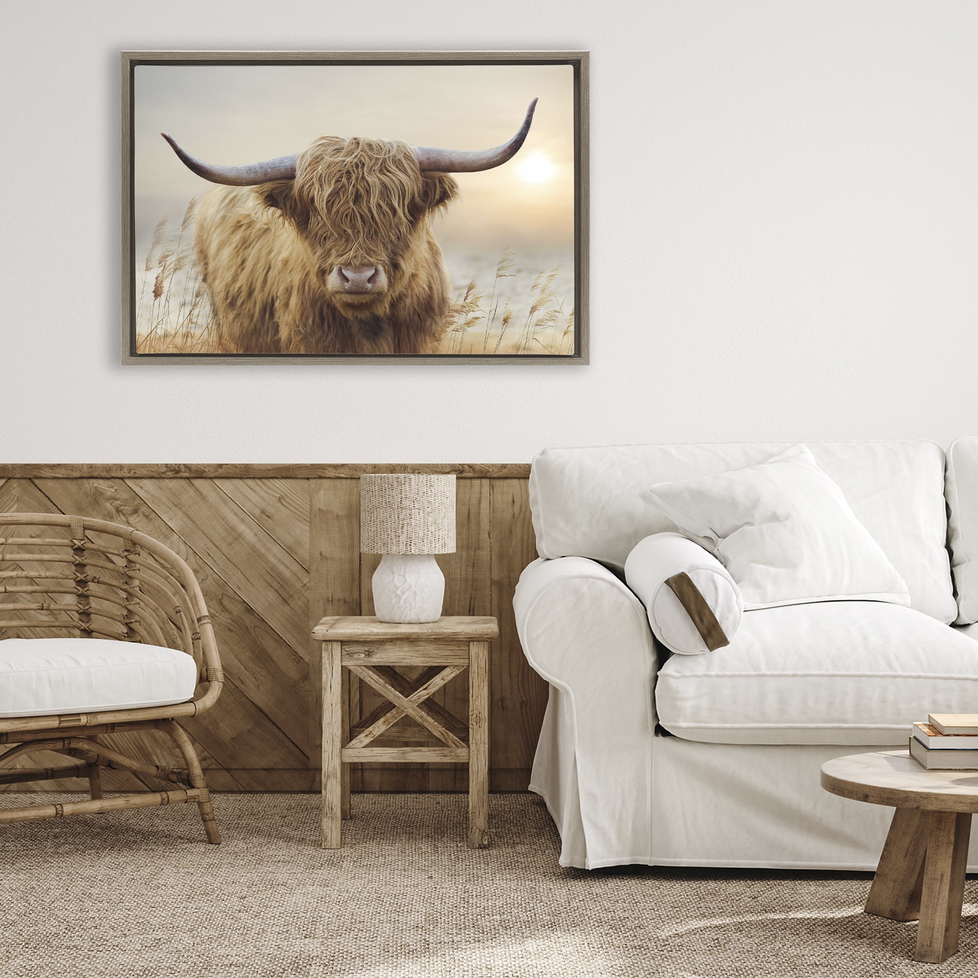 Stupell Industries Highland Cow & Warm Sunset Brown Framed Floater Canvas Wall Art, design by CAD Designs