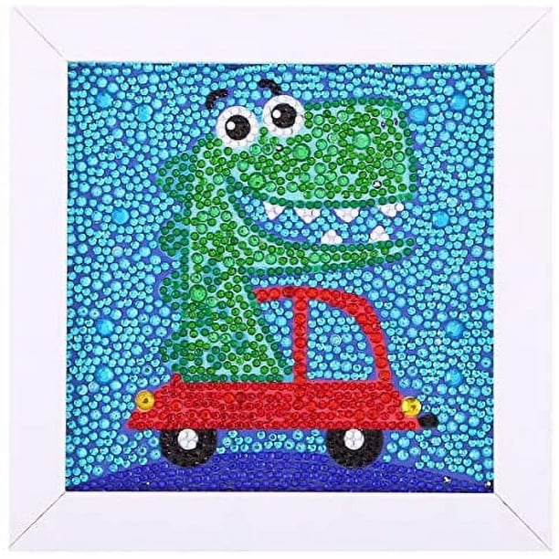 Maydear Small and Easy DIY 5d Diamond Painting Kits with Frame for Beginner with White Frame for Kids 6X6 inch (Fox),Dinosaur