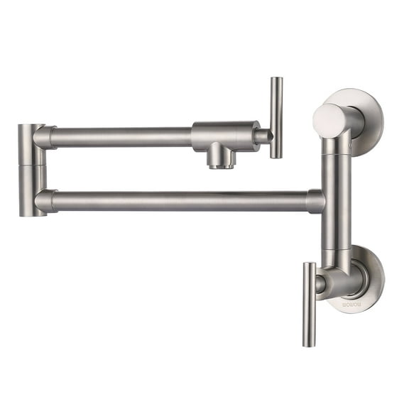 WOWOW Brass Wall Mounted Pot Filler Faucet with control Double Joint Swing Arm in Brushed Nickel