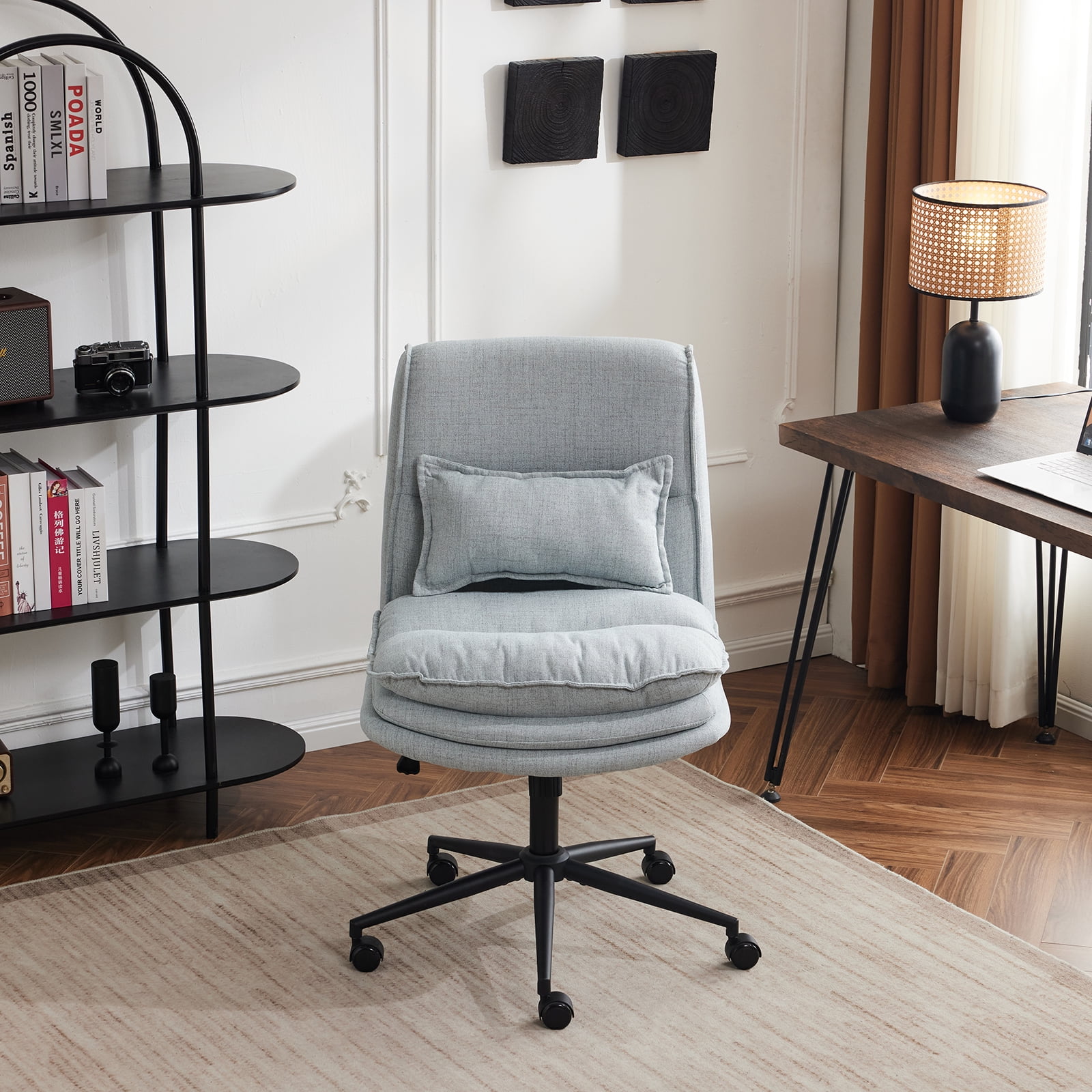 Ktaxon Armless Office Chair Linen Fabric Study Chair Adjustable Swivel Vanity Chair with Ergonomic Backrests and Wheels for Conference and Home Light Blue