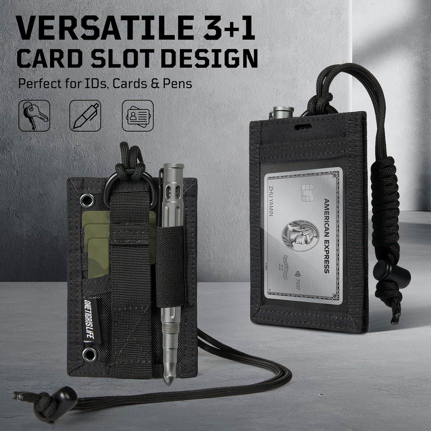 Tactical ID Card Holder Hook & Loop Patch Badge Holder Neck Lanyard Key Ring and Credit Card Organizer