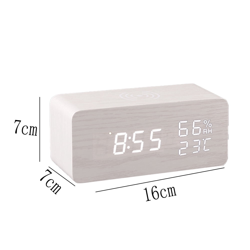 Digital Wooden Alarm Clock with Wireless Charging,Weekday/Weekend Mode, Wood LED Clocks for Bedroom, Bedside, Desk, Kids - White wood