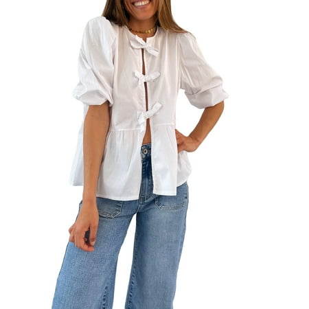 ZIYIXIN Y2k Peplum Shirt Puff Sleeve Tie Front Ruffle Hem Blouse Teen Girls Lace up Cute Babydoll Shirt Y2k Tops