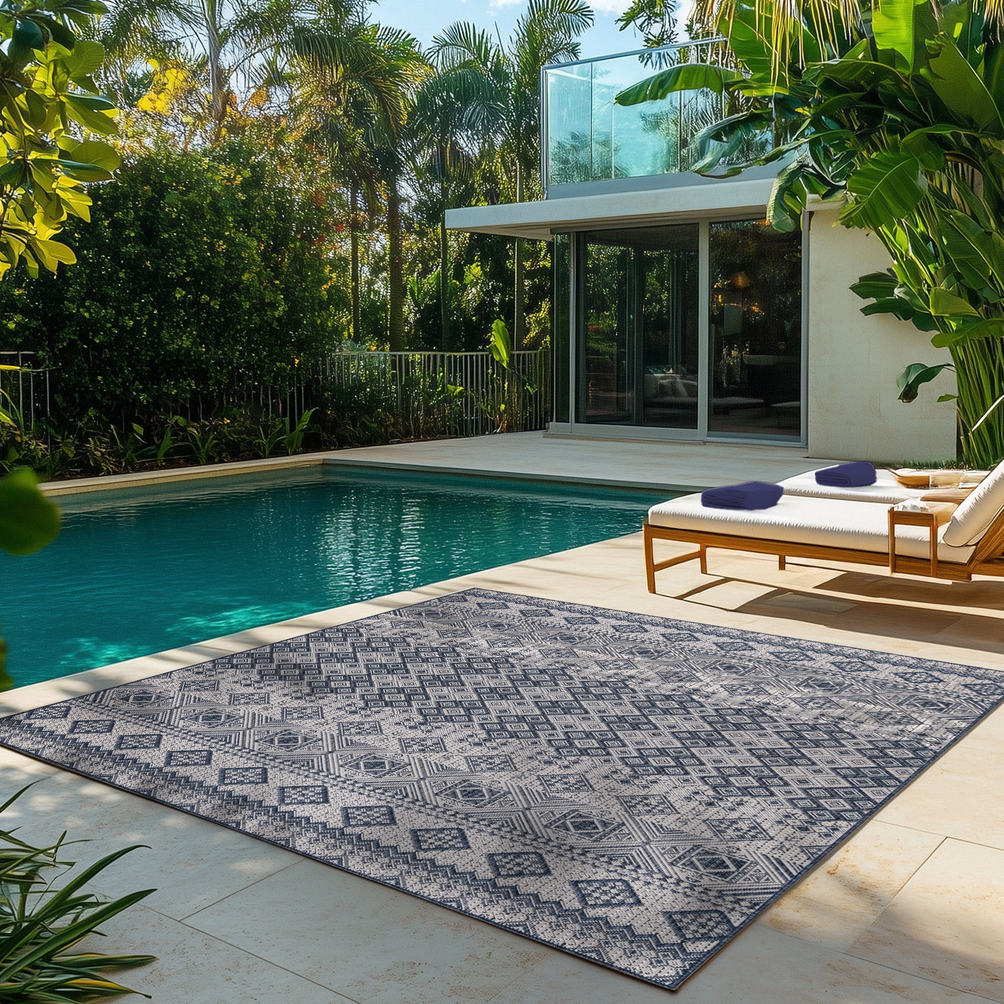 Gertmenian Tropea Darcy Bohemian Moroccan Navy Ivory Premium Flatweave UV Resistant Indoor Outdoor Area Rug, 9x13