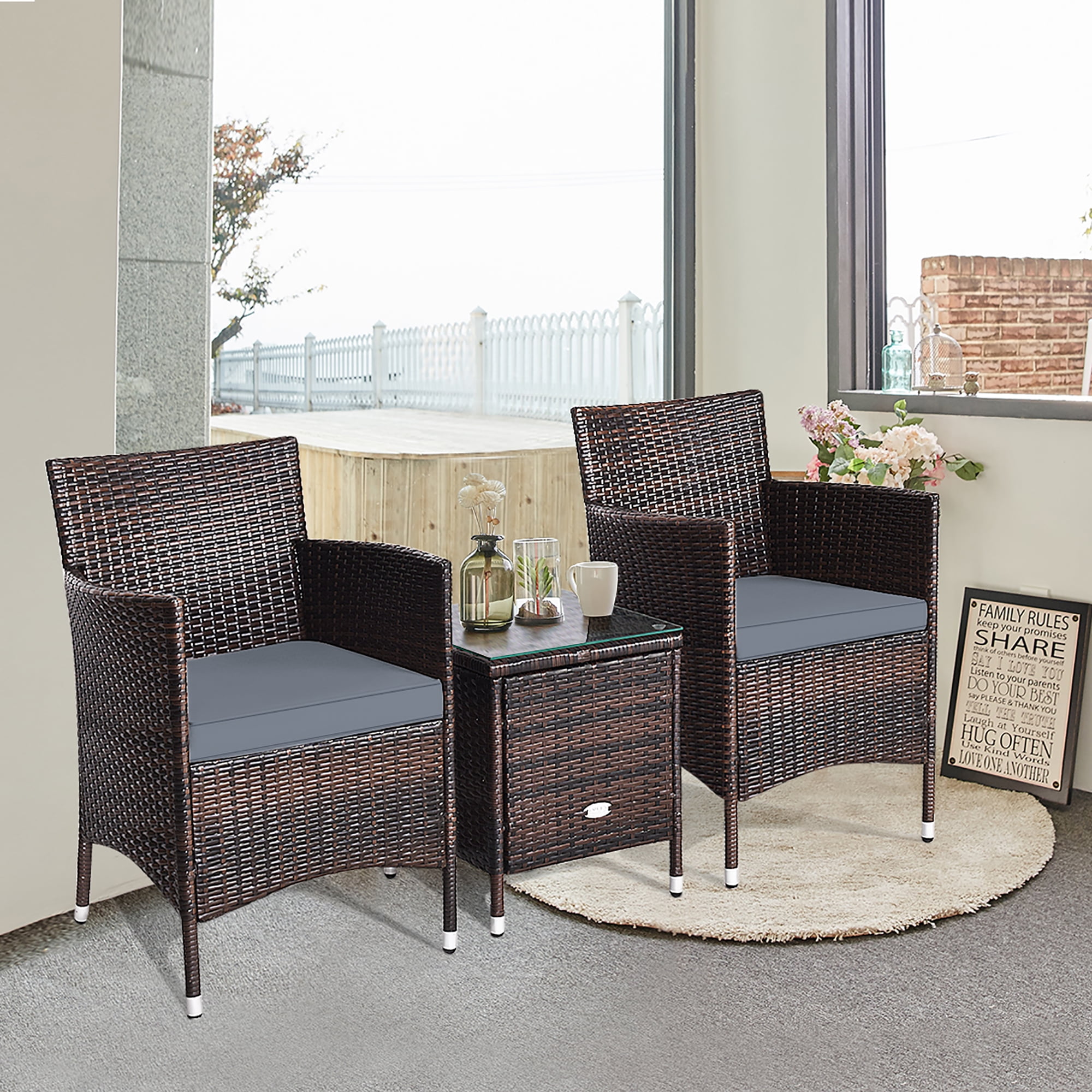 Costway Outdoor 3 PCS PE Rattan Wicker Furniture Sets Chairs