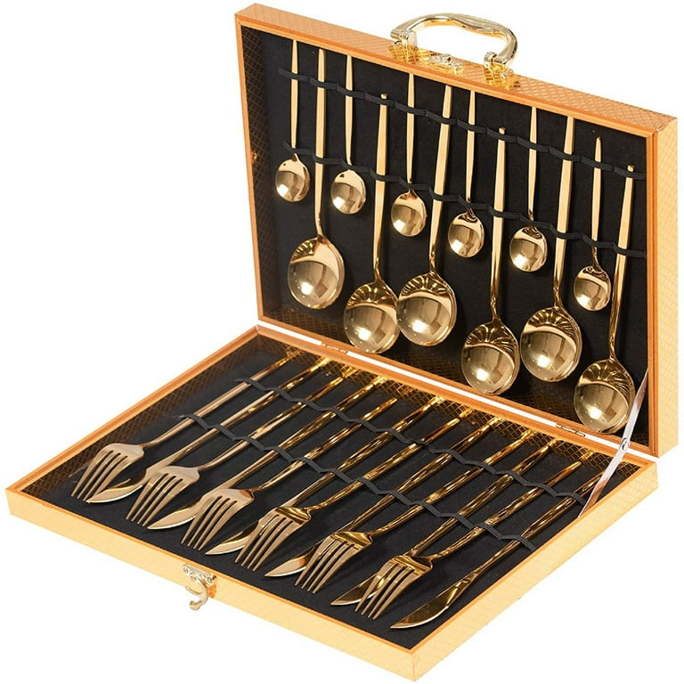 KARMAS PRODUCT Flatware Set 24 Pieces Silverware Stainless Steel Cutlery Set Include Knife Fork Spoon Mirror Polished Dishwasher Safe for Home and Restaurant Service for 6 (Gold)