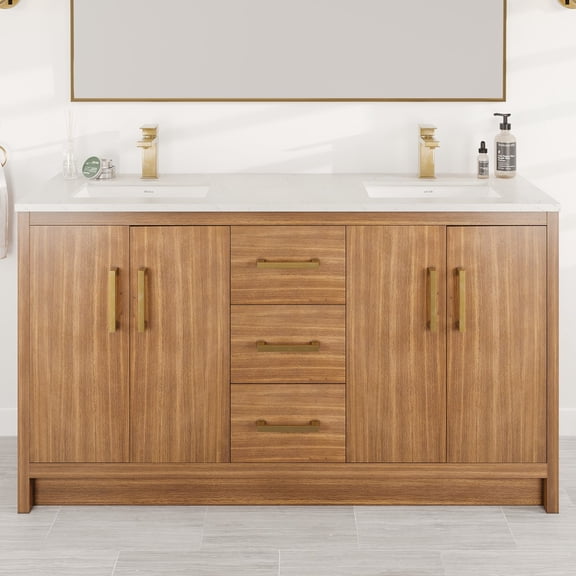Eviva Curio 60"W x 18"D Walnut Double Sink Bathroom Vanity with White Carrara Quartz Countertop and Undermount Porcelain Sinks
