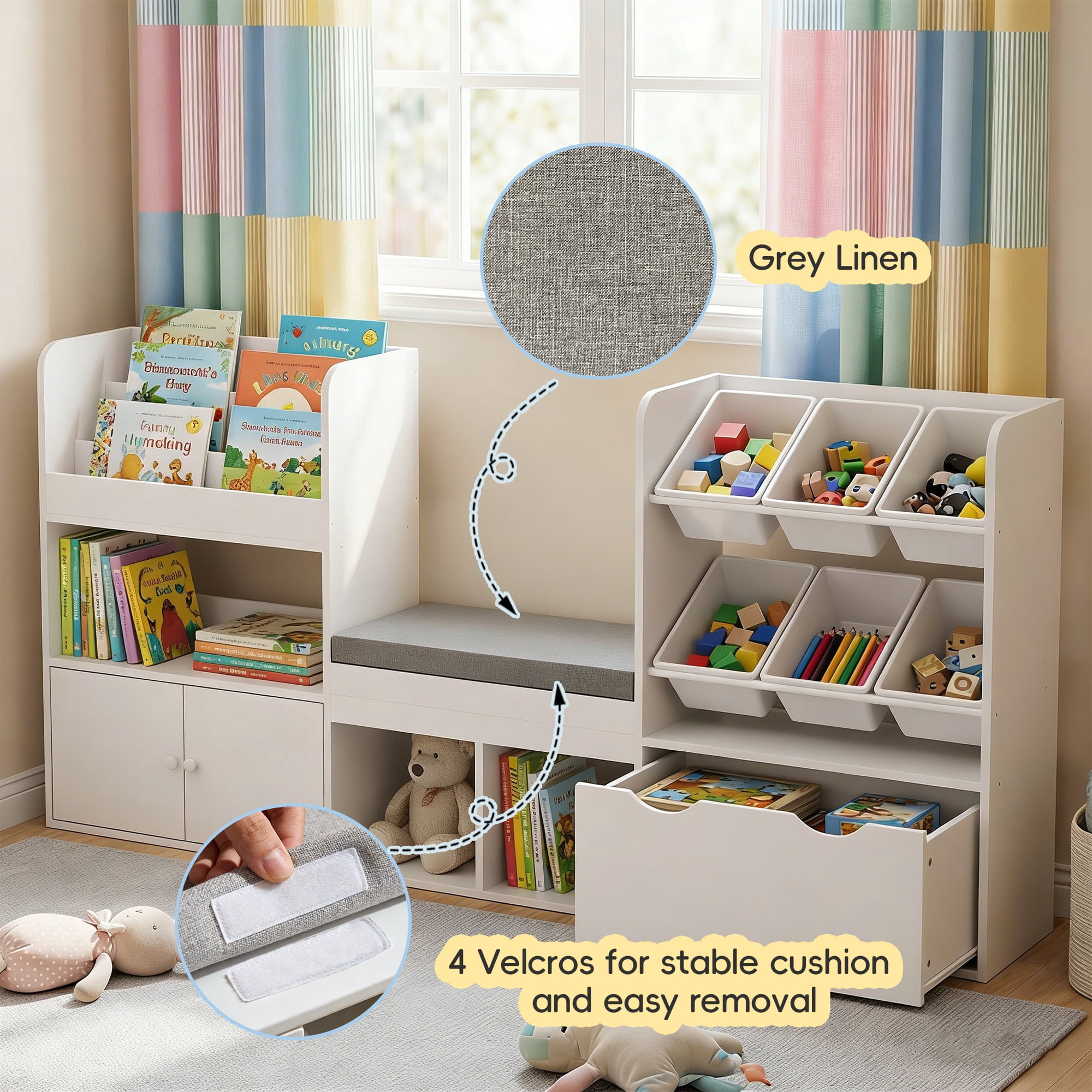 Reasea Kids Bookshelf with Reading Nook & Storage Bench, 73 Inch Toy Organizer with Movable Drawer & 6 Removable Bins, Montessori Reading Corner Furniture for Playroom & Bedroom