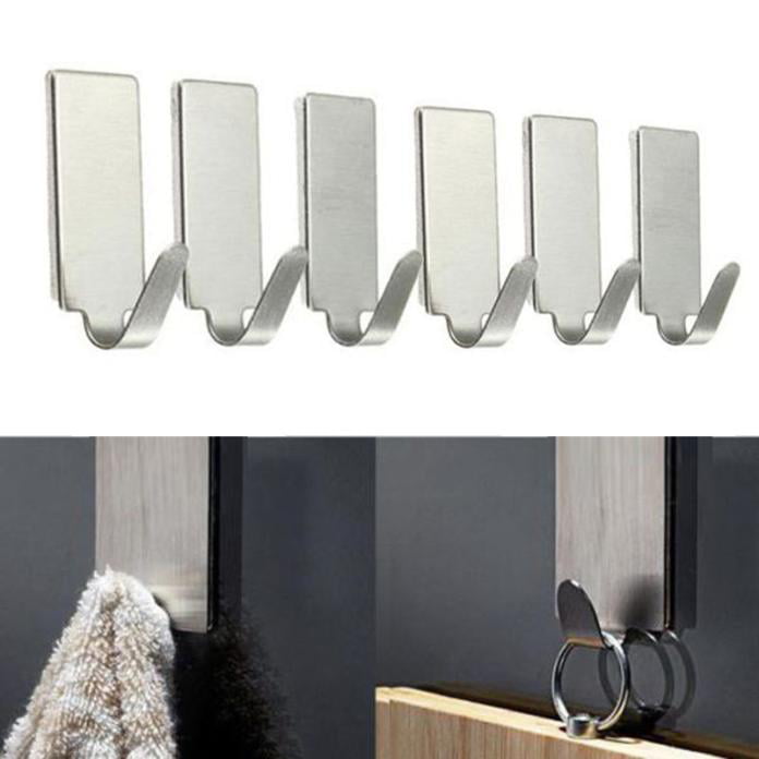 6PCS Self Adhesive Home Kitchen Wall Door Stainless Steel Holder Hook Hanger 