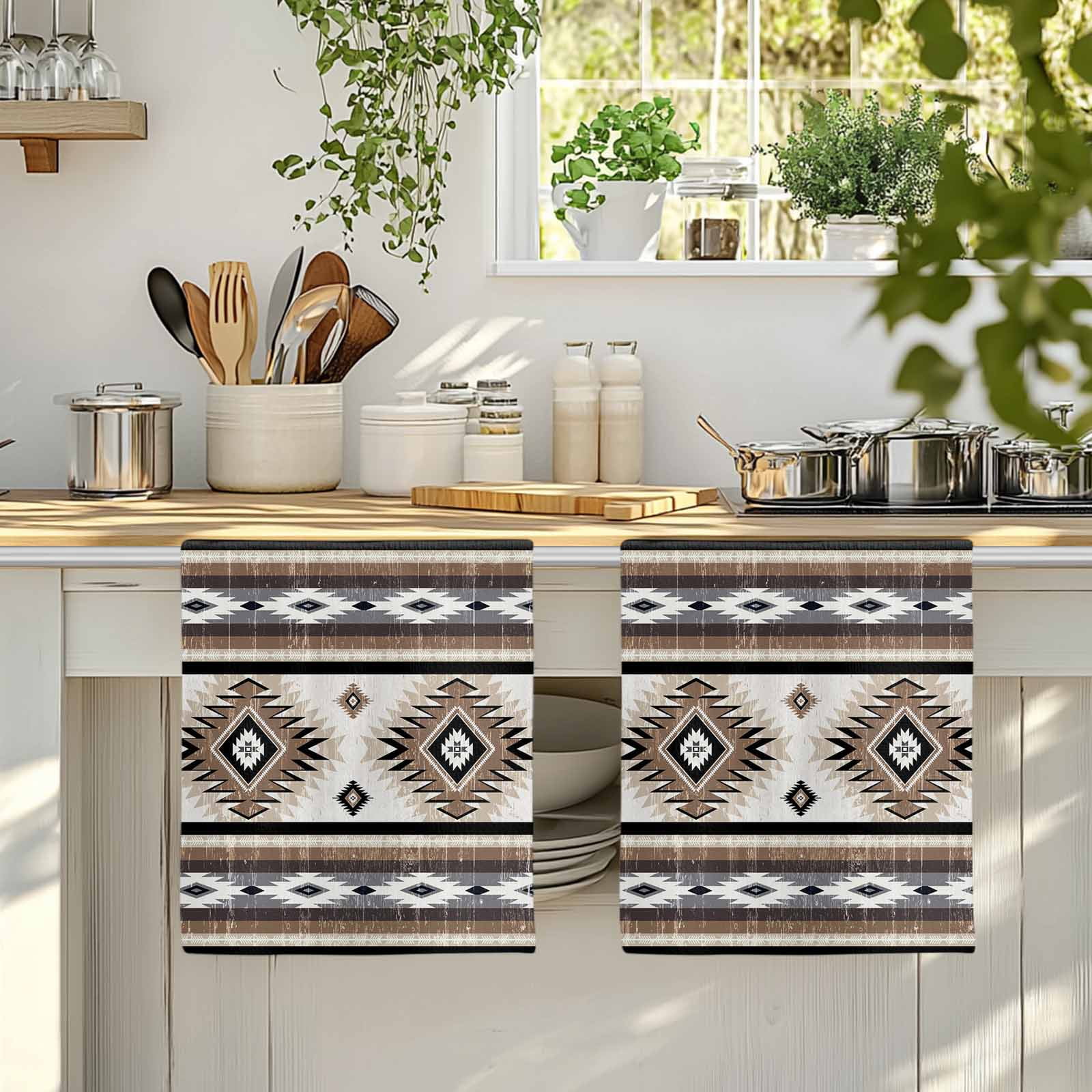Dish Towels, Brown Grey Boho Aztec Absorbent Kitchen Towels 2 PCS, Southwest Tribal Geometric Microfiber Hand Towels Dish Cloths Tea Towels for Home&nbsp;Bathroom Cleaning Drying,18X28-Inch,