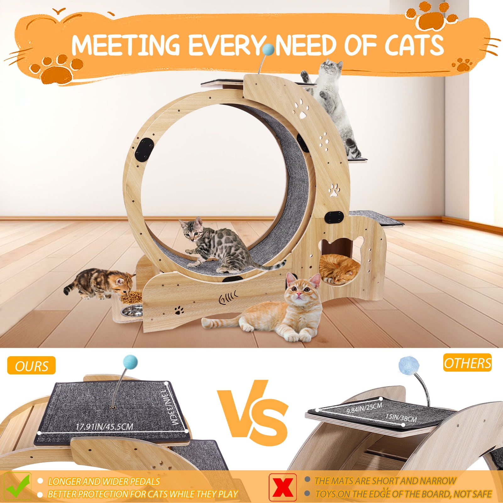 6-in-1 Cat Exercise Wheel – Silent Running Wheel for Indoor Cats, Large Treadmill & Play Toy
