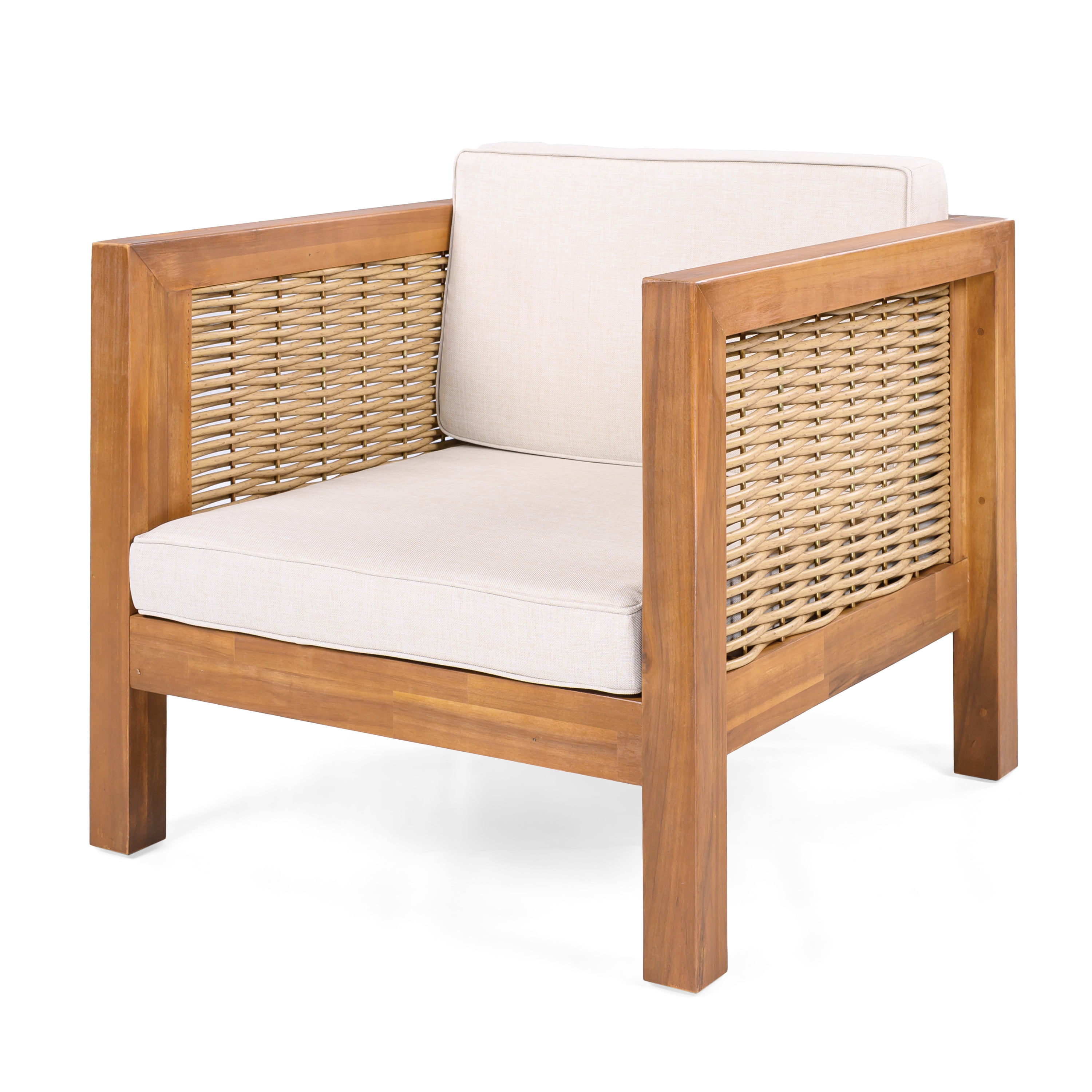 Acacia Wood Outdoor Club Chair with Wicker Armrest and Beige Cushions for Patio Garden Deck, Teak