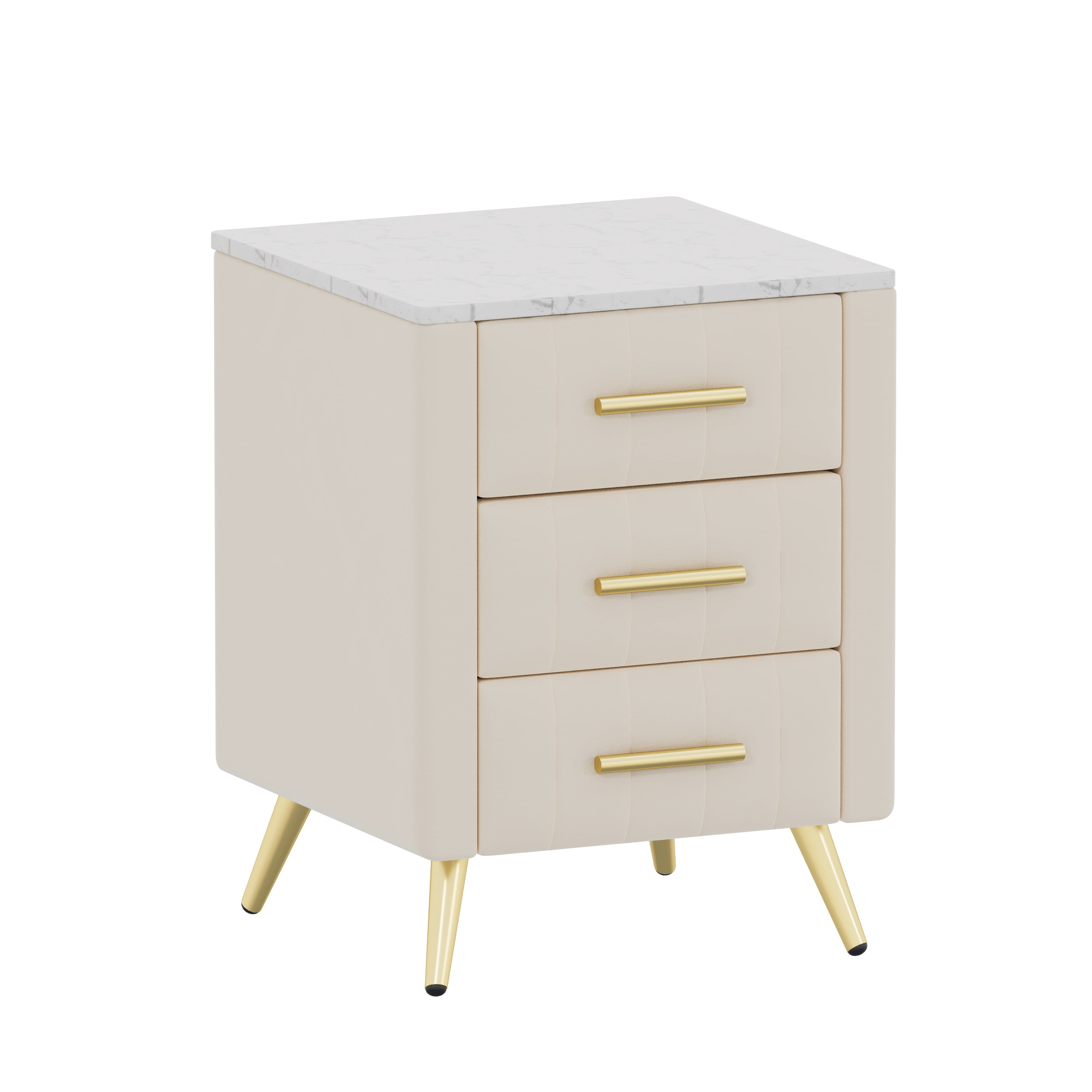 Euroco Upholstered Wooden Nightstand with 3 Drawers and Metal Legs&Handles,Modern Bedside Table with Marbling Stickers Worktop for Bedroom,Beige