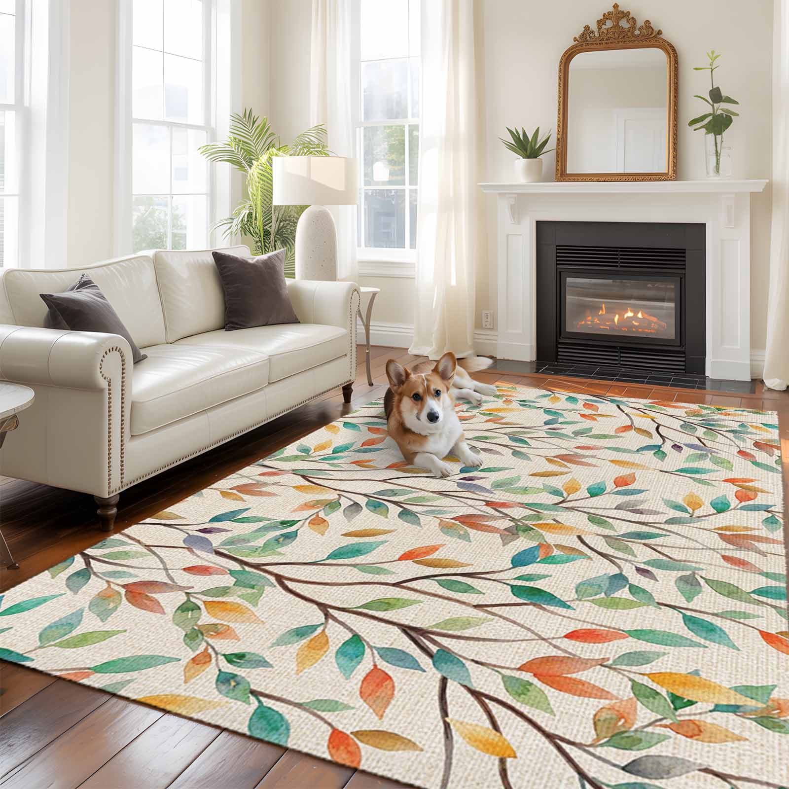 Large Area Rugs for Living Room Bedroom, Teal Orange Eucalyptus 5'x8' Rug Washable Carpet Runner Indoor Outdoor, Spring Botanical Leaves Non Slip Floor Mats Rug for Kitchen, Bathroom