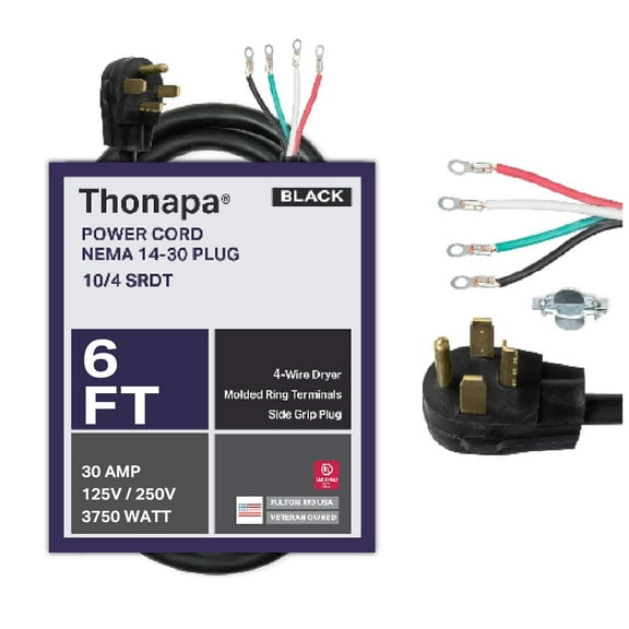 Thonapa 4 Prong Dryer Cord 6 Ft, 30 AMP Appliance Extension Cord with 4 Prong, NEMA 14-30 Plug, 10/4 SRDT 6 Foot, Black - US Veteran Owned Company