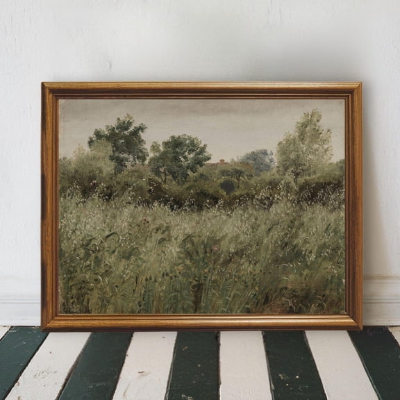 Spring Wildflower Field Landscape, Green Vintage Farmhouse Neutral Wall Art, Moody Country Meadow Field Poster Home Decor UNFRAMED Poster, Wall Art for Decor, Present, 8x12