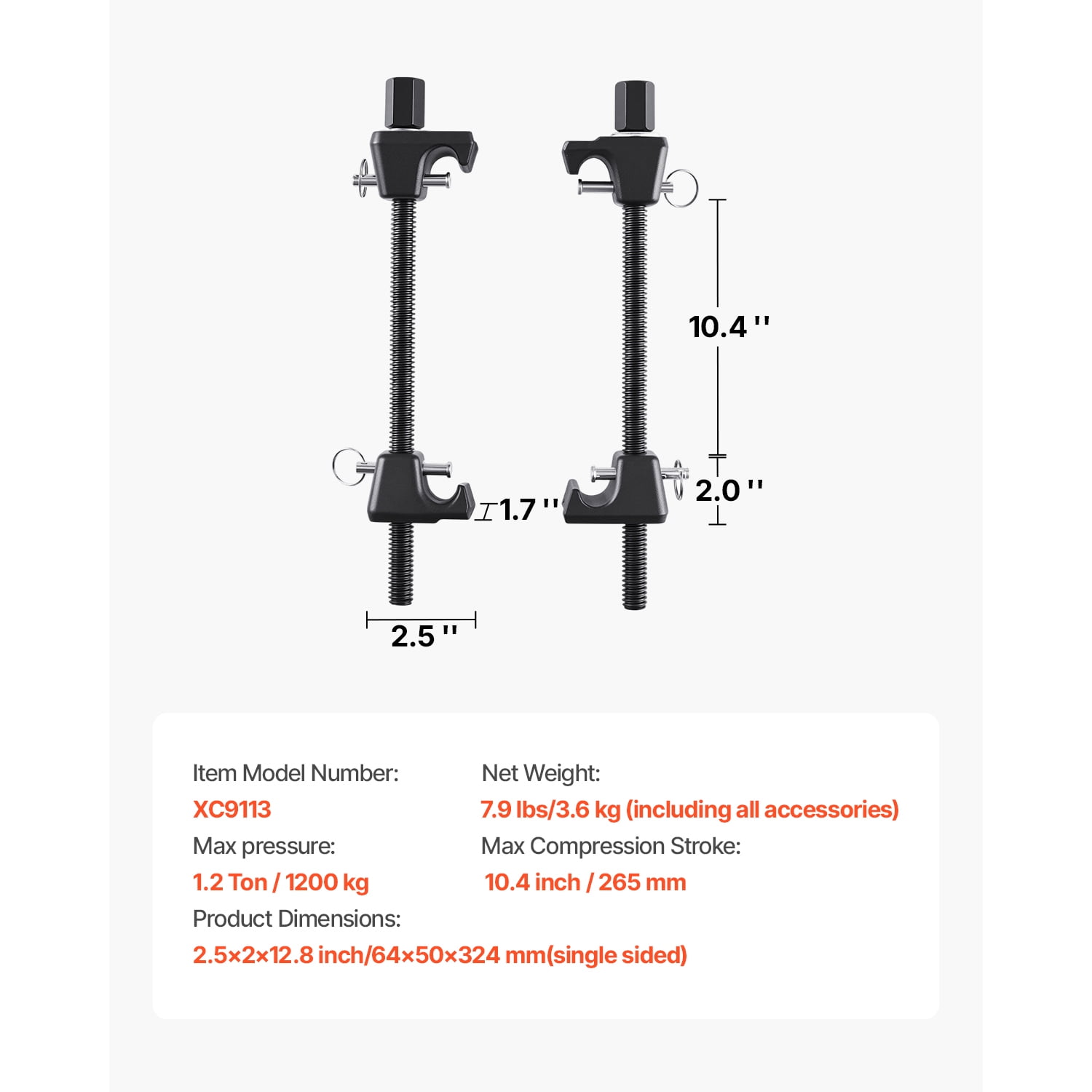 KFFKFF Strut Spring Compressor, Set of 2, Durable Coil Spring Tool with 10.4-Inch (256 mm) Range, Compatible with 0.86-Inch (22 mm) Hex Sockets, Suitable for Cars, Trucks, and Motorcycles, Black