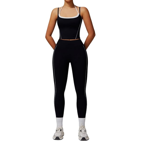 PISONIC Womens Workout Sets Two Piece Spaghetti Straps Tank Top Matching High Waist Leggings Gym Work Out Outfits with Pockets