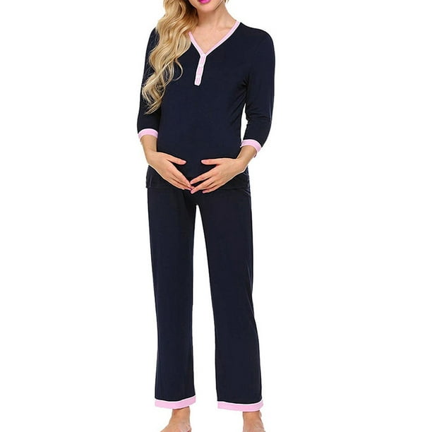 Jchiup Jchiup Womens Maternity Nursing Pajamas 3/4 Sleeve 2PCS Henley