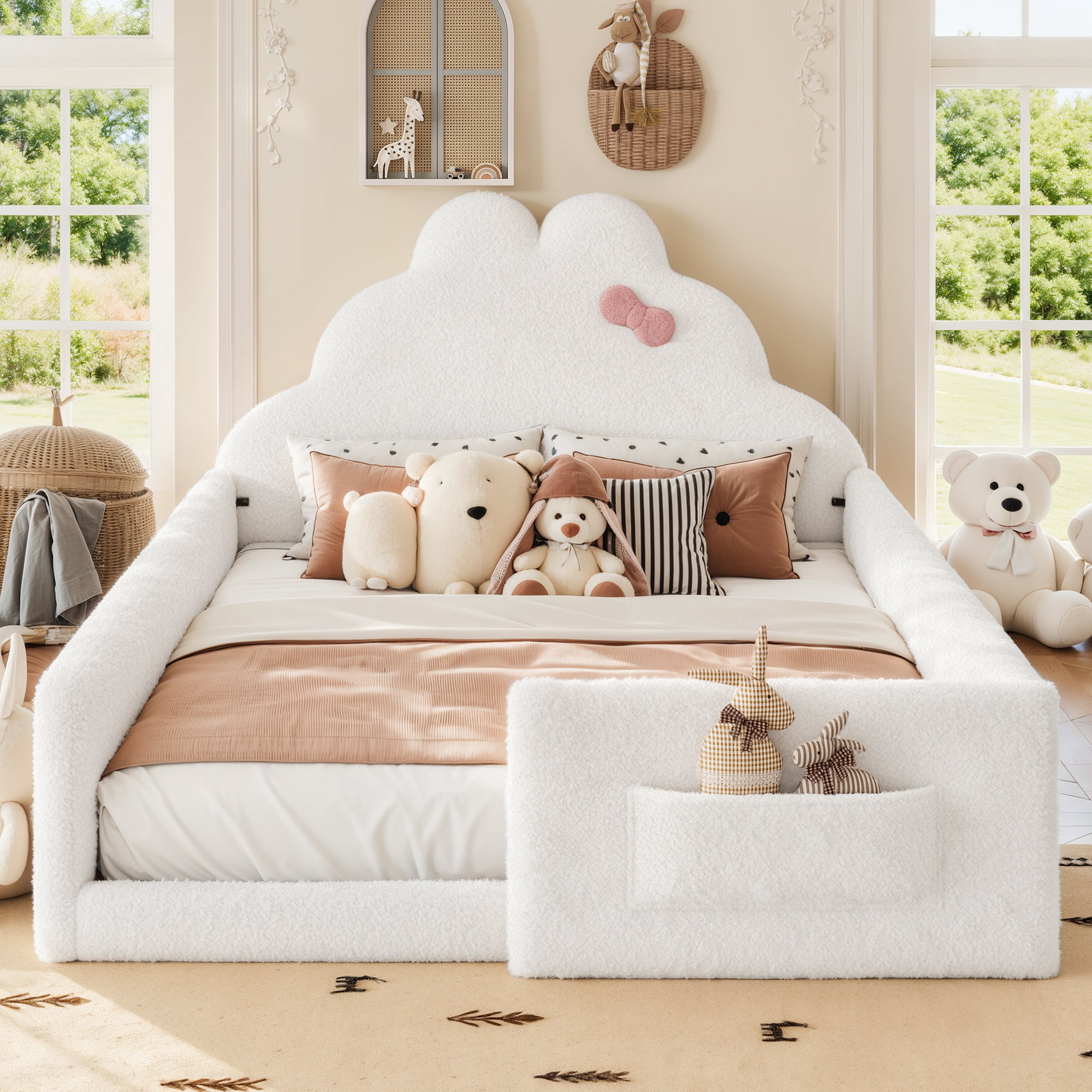 HOQBN Full Size Upholstered Floor Bed Frame, Soft Padded Upholstered Kids Bed, Safe Children Bed Frame with Side Storage Pocket for Bedroom White