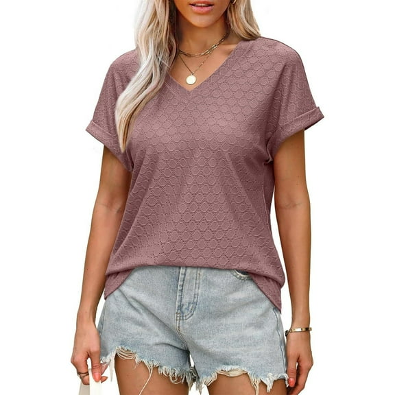 TODOZO T Shirts for Women Loose Fit Casual Lightweight Soft Basic Tees Womens Summer Tops Women Loose V Neck Short Sleeve Tops Casual Pure Color Lace Summer Shirts Blouse A L