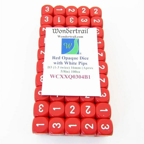Red Opaque Dice with White Numbers D3 (D6 1-3 Twice) 16mm (5/8in) Pack of 100 Wondertrail