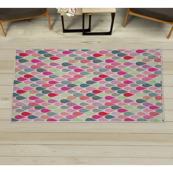 Geometric Decorative Rug, Raindrops Doodle Style Creative Leaf Shaped Colorful Girls Theme, Quality Carpet for Bedroom Dorm and Living Room, 6 Sizes, Red, by Ambesonne
