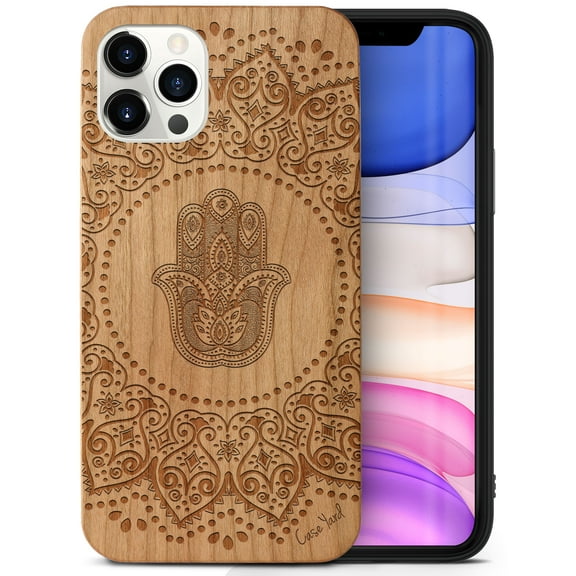 Case Yard Wooden Case Outside Soft TPU Silicone Slim Fit Shockproof Wood Phone Cover for Girls Boys Men and Women Supports Wireless Charging Hamsa Hand Mandala Design case for iPhone-11-Pro-Max