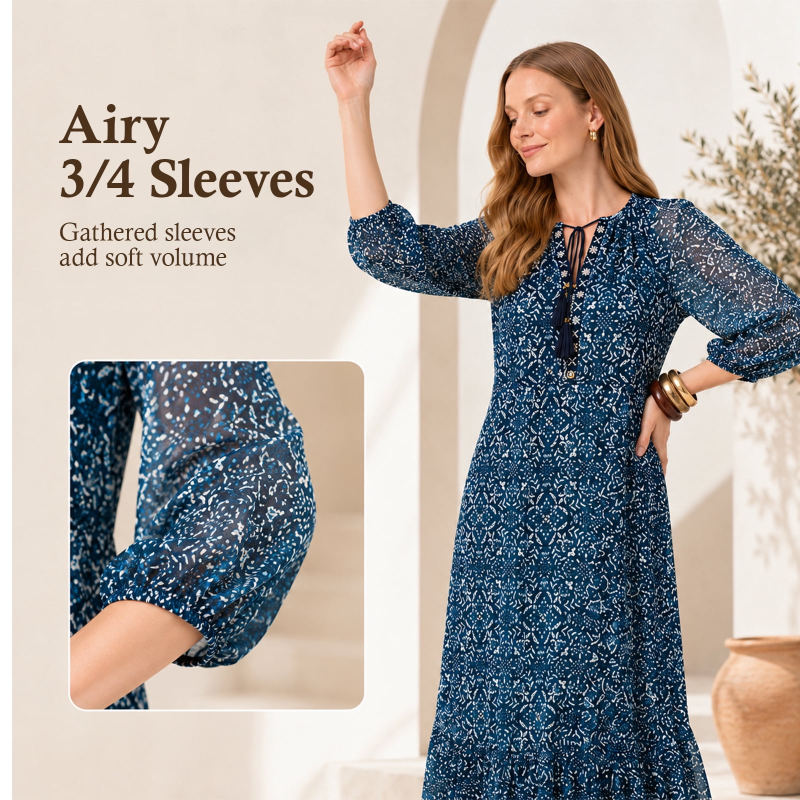 Alvantor Women's Printed Midi Dress, Tie Neck 3/4 Sleeve Tiered Style, Navy Multi