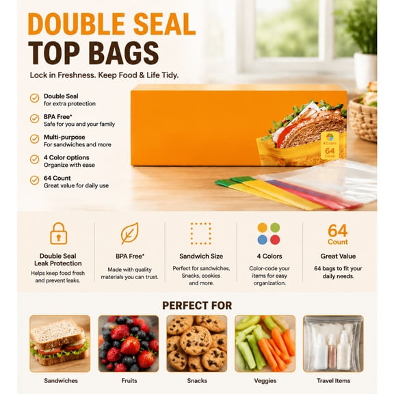 64 Count Assorted Colors Sandwich Storage Bags, Reusable Food Storage Bags