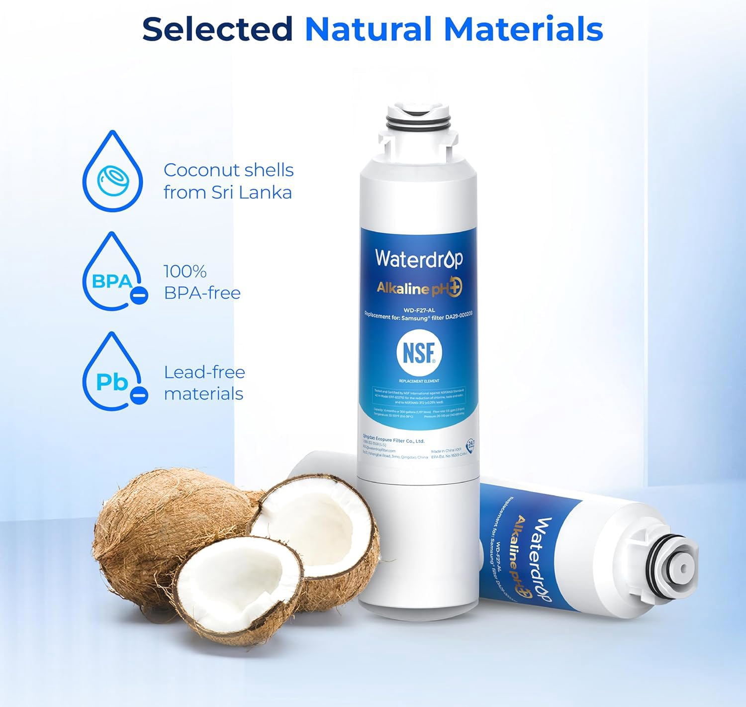 Waterdrop Alkaline WD-F27-AL Replacement for Samsung® Refrigerator Water Filter HAF-CIN/EXP, DA29-00020B, HAF-CIN, DA97-08006A-1, RF28HMEDBSR, RF263BEAESR, RS25J500DSR, RF263TEAESG, 2 Pack