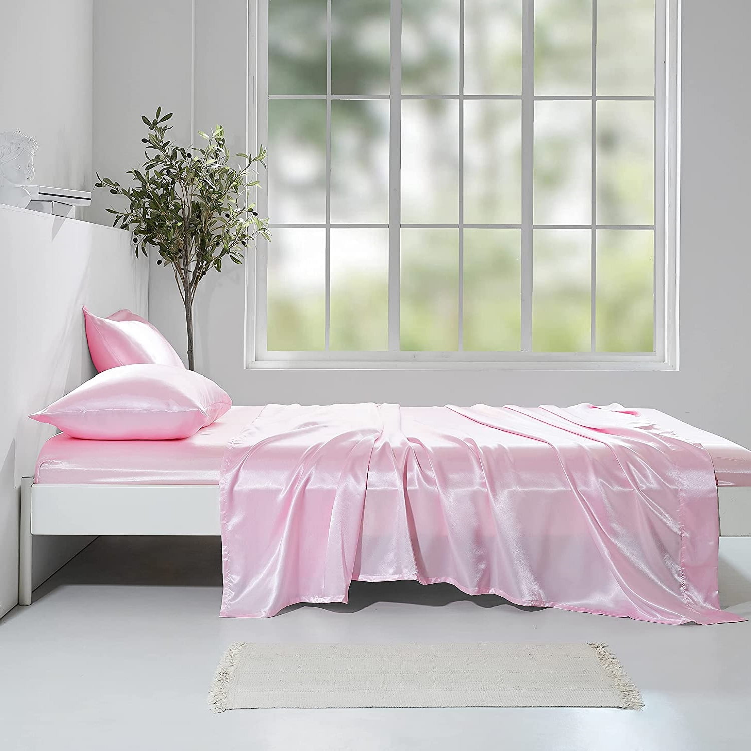 ANMINY Satin Sheets Queen Silk Sheets Light Pink Bed Sheet Set Deep