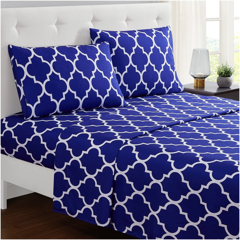 Mellanni Bed Sheet Set King Blue Brushed Microfiber Printed Bedding Deep Pocket, Wrinkle