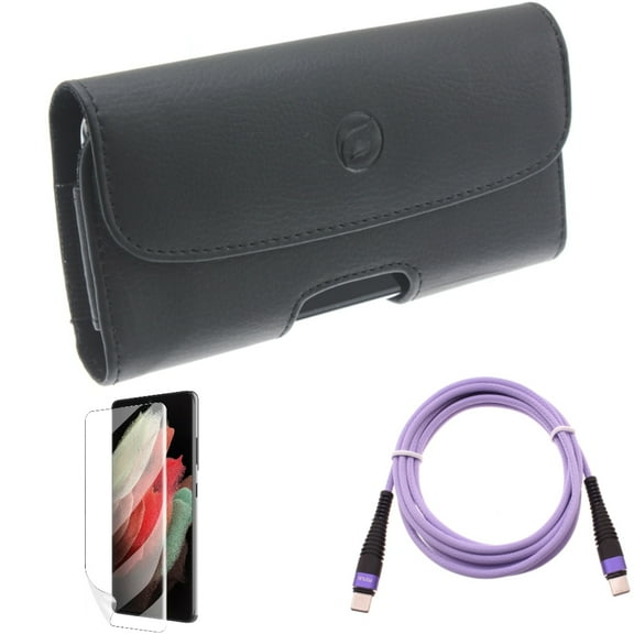 Case Belt Clip & Purple 10ft PD Cable & Matte Screen Protector for Samsung Galaxy S22 Plus (S22 ) - Combo Leather Holster Cover & Type-C to USB-C Fast Charger Cord Extra Long & TPU Film Anti-Glare