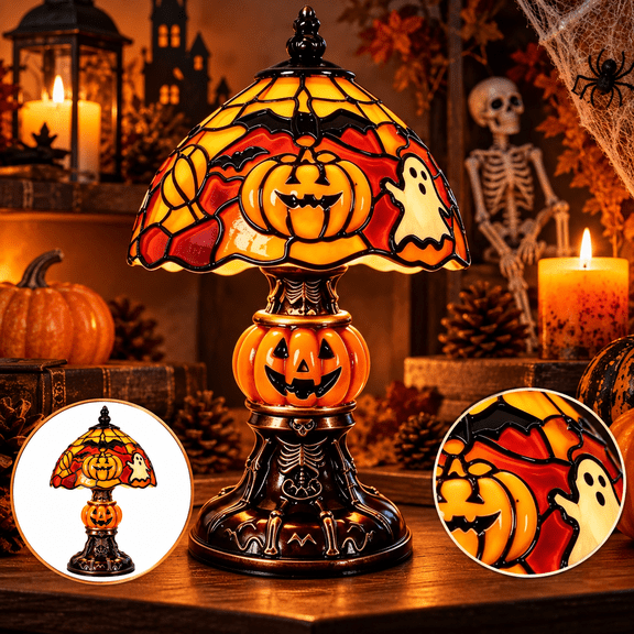 Halloween Stained Glass Style Table Lamp, Handcrafted Resin Pumpkin Night Light with Ghost & Bat Pattern, Vintage Pumpkin Decor for Bedroom, Bookshelf & Mantel (7.87in)
